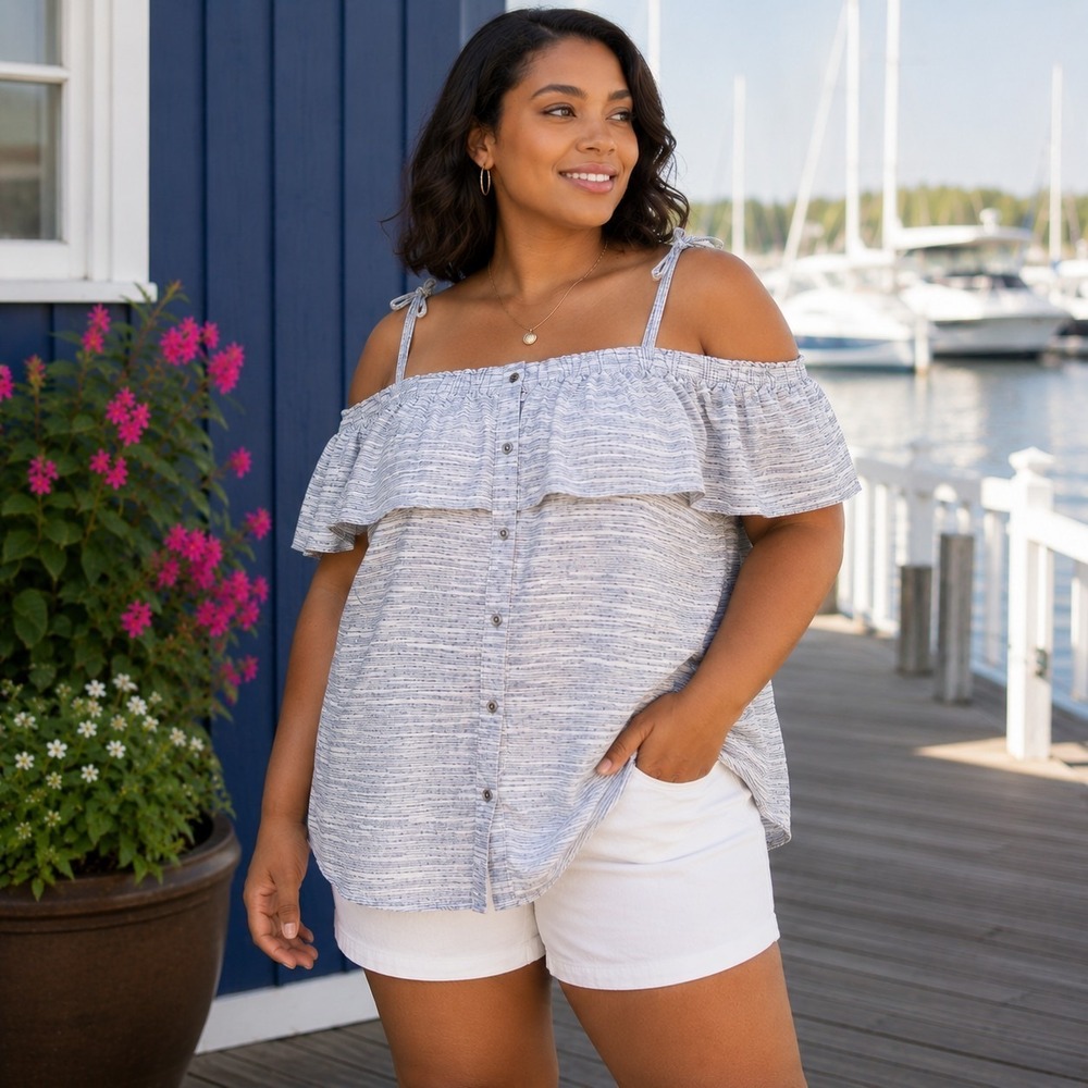 Lucky Brand Women's Large Linen Top Off-Shoulder Ruffle Peasant Coastal Festival